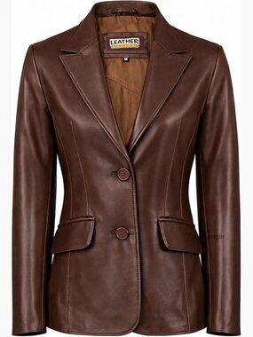Women's Genuine Lambskin Leather Blazer Jacket Coat Two Button